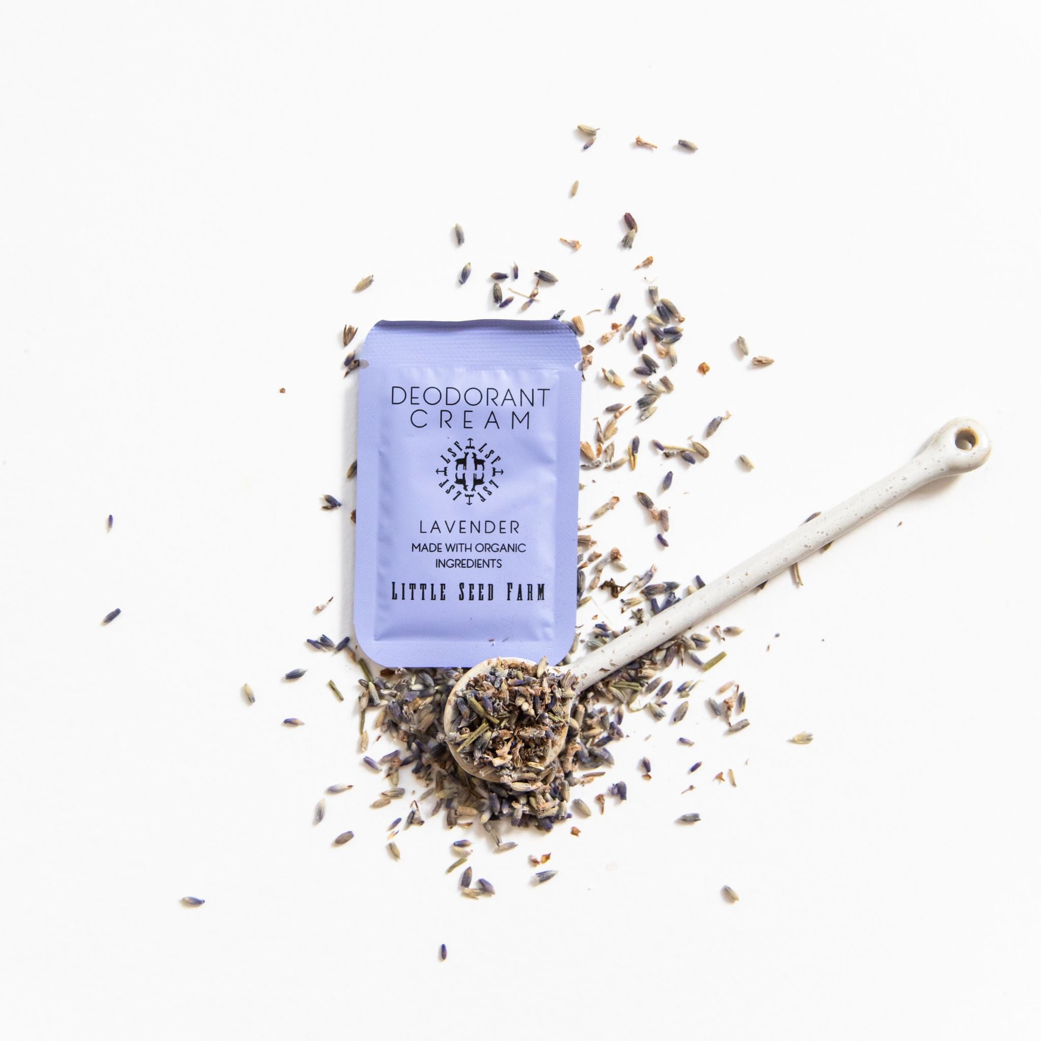 Lavender deodorant cream pouch featuring calming lavender and eucalyptus essential oils in a compact aluminum‑ and baking soda‑free travel sample