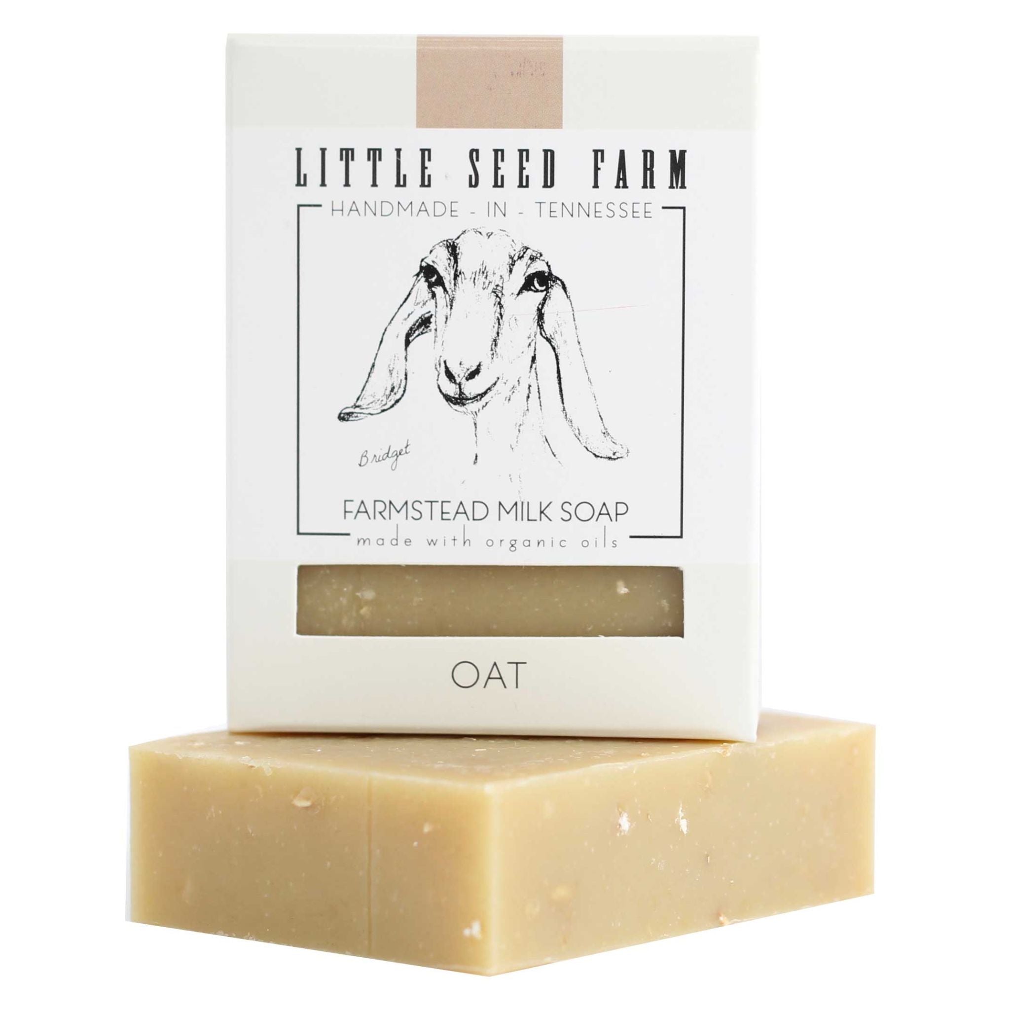 Eco‑friendly packaging of Little Seed Farm’s Oat Oatmeal Scrub Bar emphasizing biodegradable materials and sustainably produced goat’s milk soap.