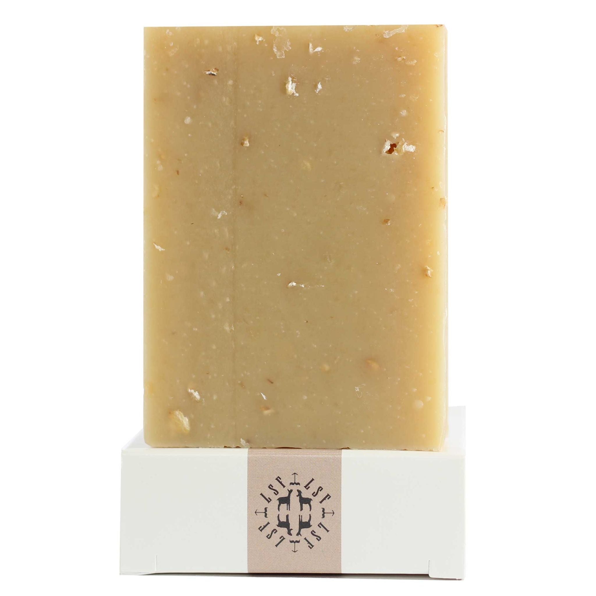 Eco‑friendly packaging of Little Seed Farm’s Oat Oatmeal Scrub Bar emphasizing biodegradable materials and sustainably produced goat’s milk soap.