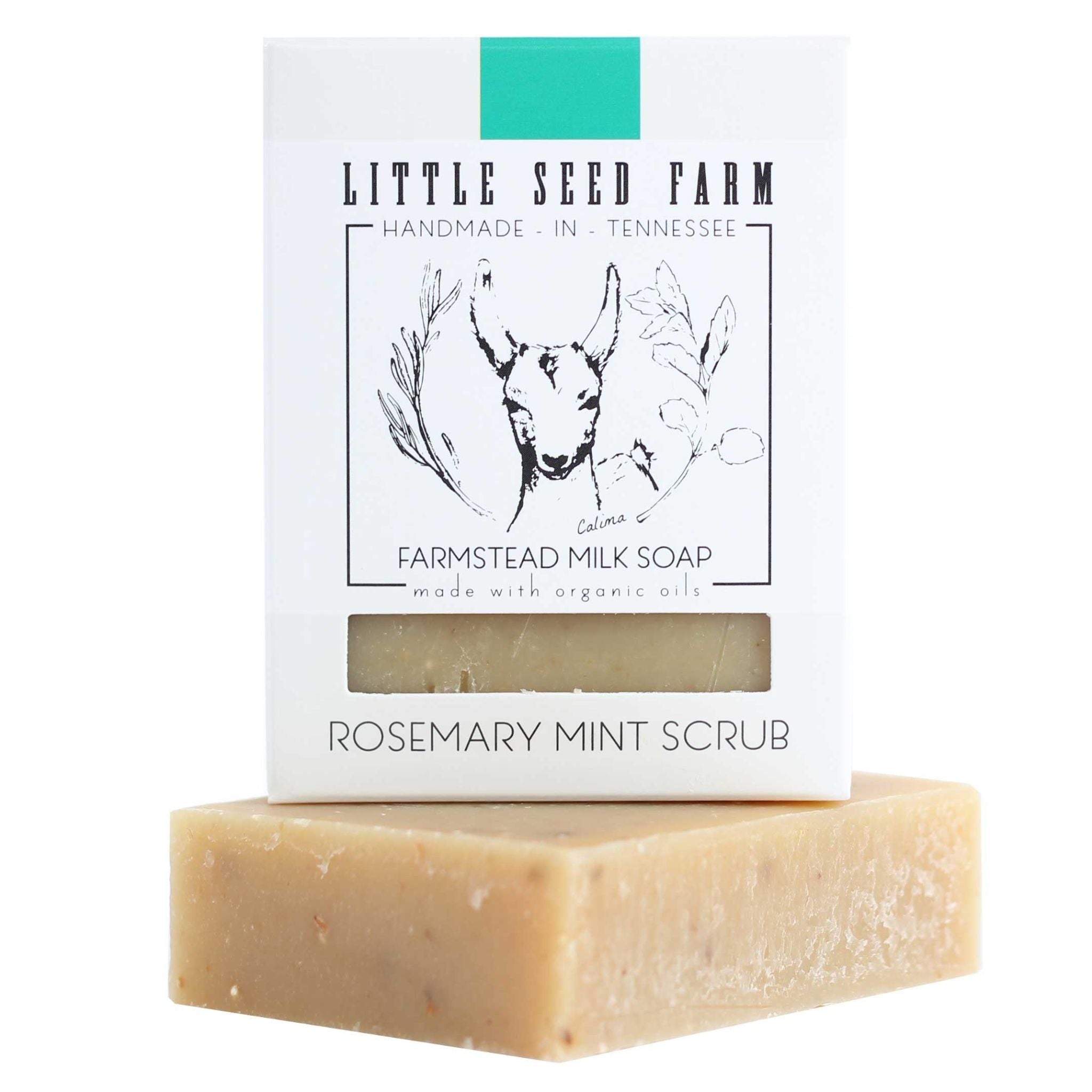 Little Seed Farm Rosemary Mint Scrub Bar soap made with organic goat’s milk, cornmeal, rosemary and spearmint essential oils and leaves for gentle exfoliation, soothing hydration, and an energizing minty‑herbal scent.