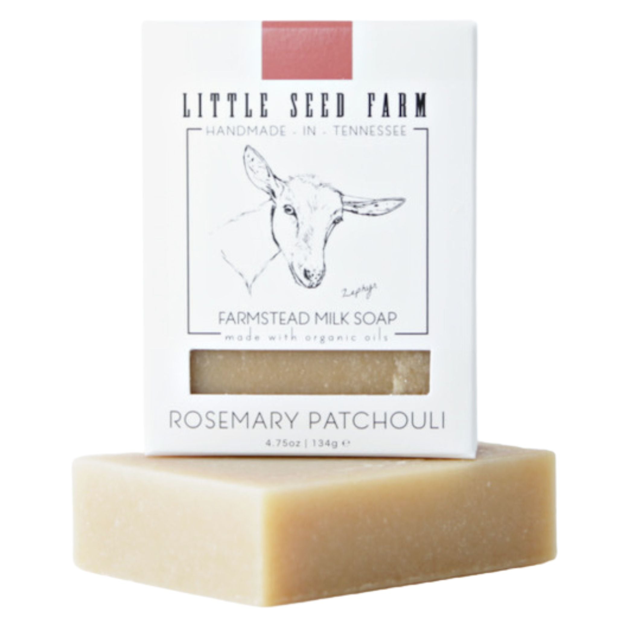 Little Seed Farm Rosemary Patchouli goat’s milk soap bar made with organic goat’s milk, olive and coconut oils, rosemary and calming patchouli essential oils for grounding, nourishing, and rejuvenating skin.