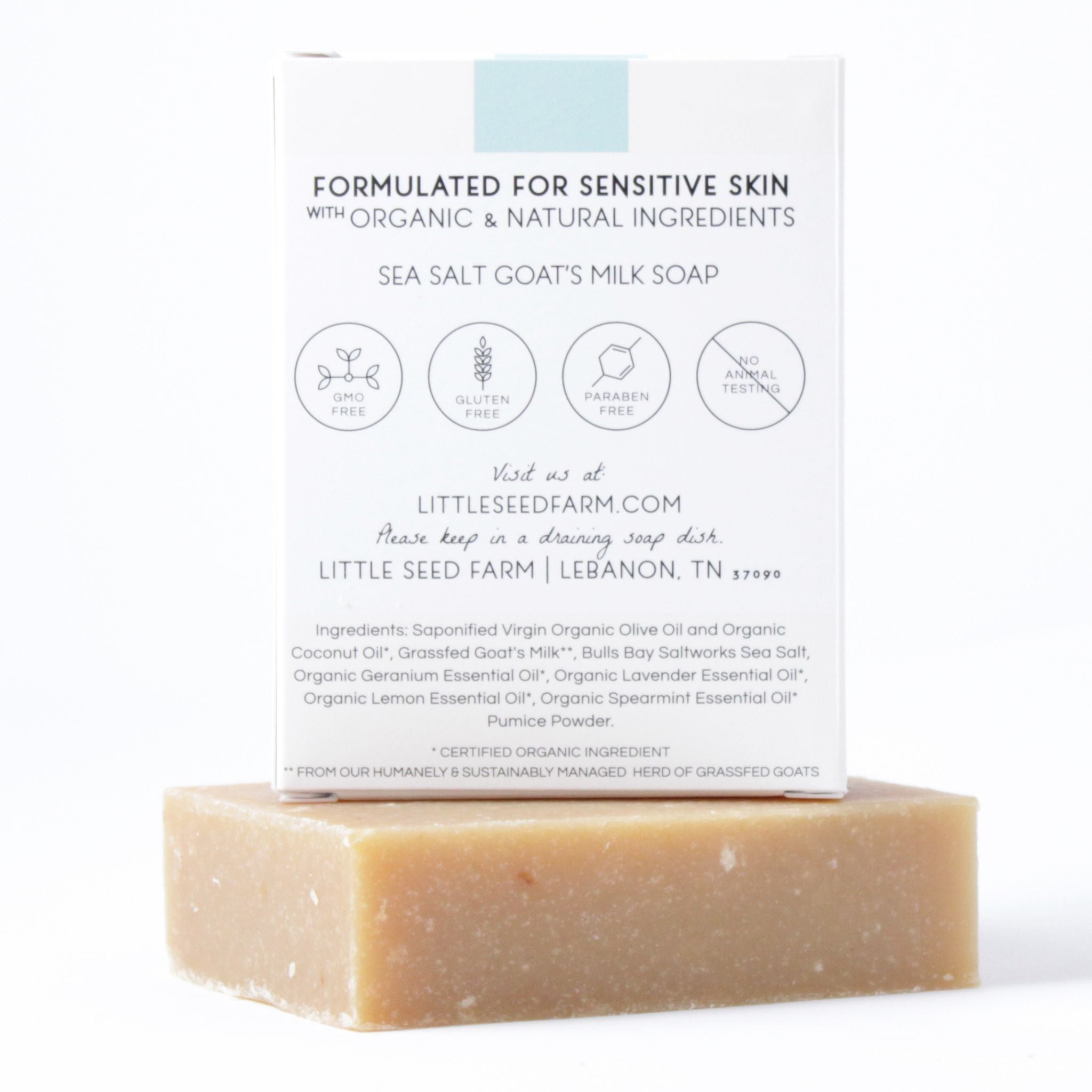 Ingredients list for Sea Salt Soap Bar featuring sustainably harvested sea salt, pumice powder, geranium, lavender, lemon peel, rosemary, and spearmint essential oils, plus grass-fed goat's milk for moisturizing and skin renewal.
