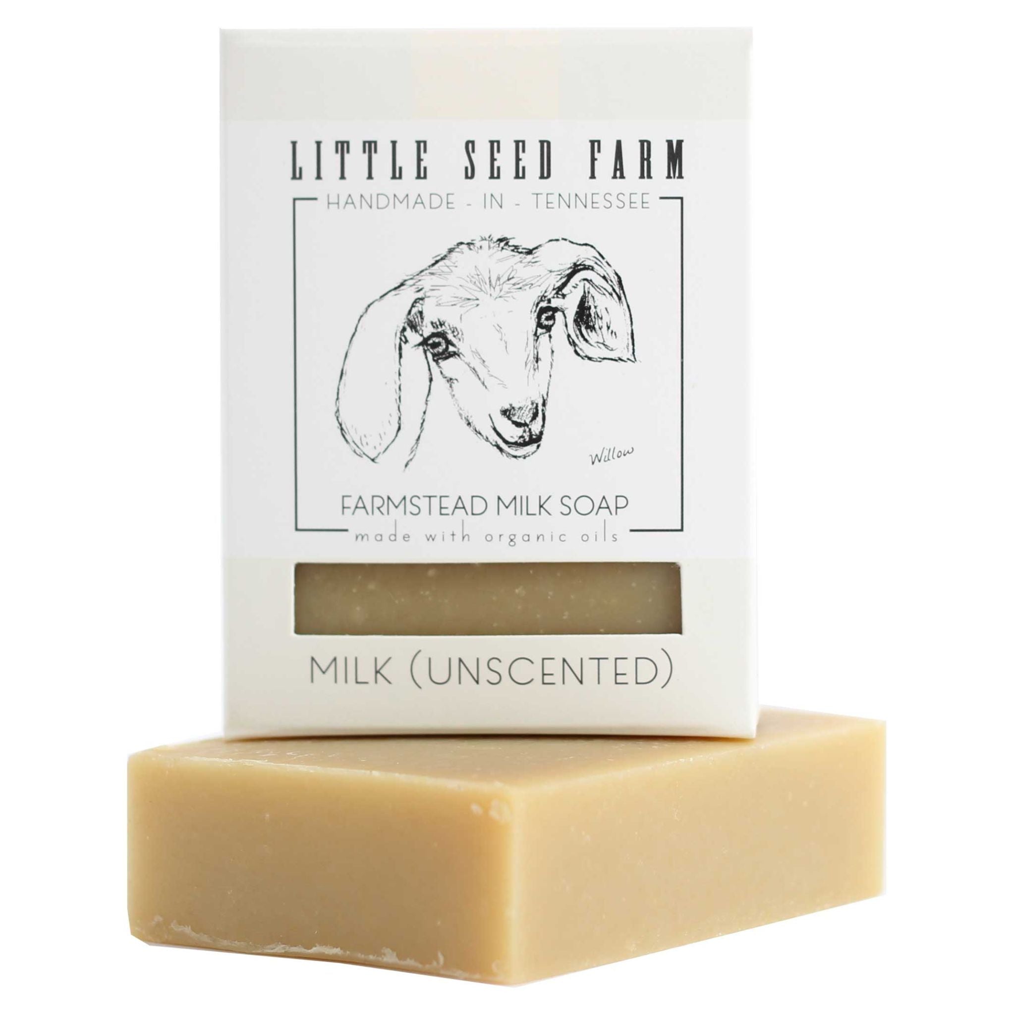 Eco‑friendly packaging of Little Seed Farm unscented goat’s milk soap highlighting biodegradable, plastic‑free materials and cruelty‑free formula made from certified organic ingredients.