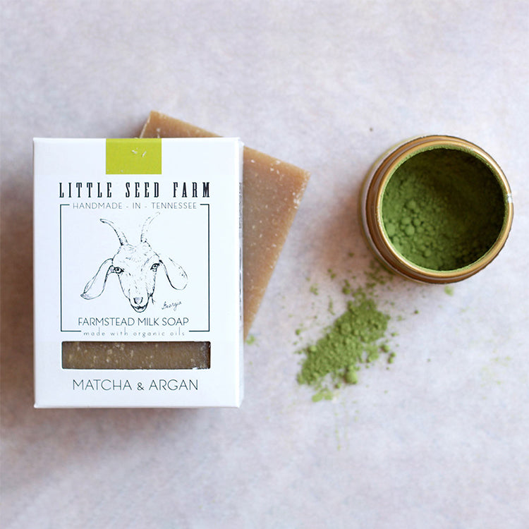 Little Seed Farm Matcha & Argan facial and body bar soap made with grass‑fed goat’s milk, organic matcha and cold‑pressed argan oil for antioxidant-rich, soothing skincare.