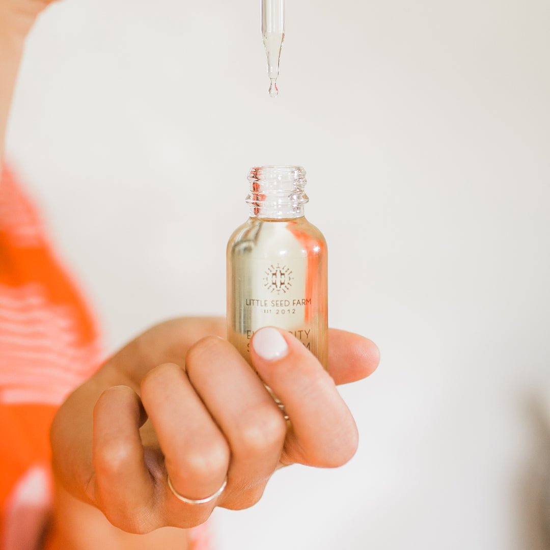 Elasticity Serum by Little Seed Farm made with virgin hazelnut oil, rosemary, spearmint, geranium, lavender and vitamin E to tone, moisturize, and stimulate collagen for firmer, glowing skin