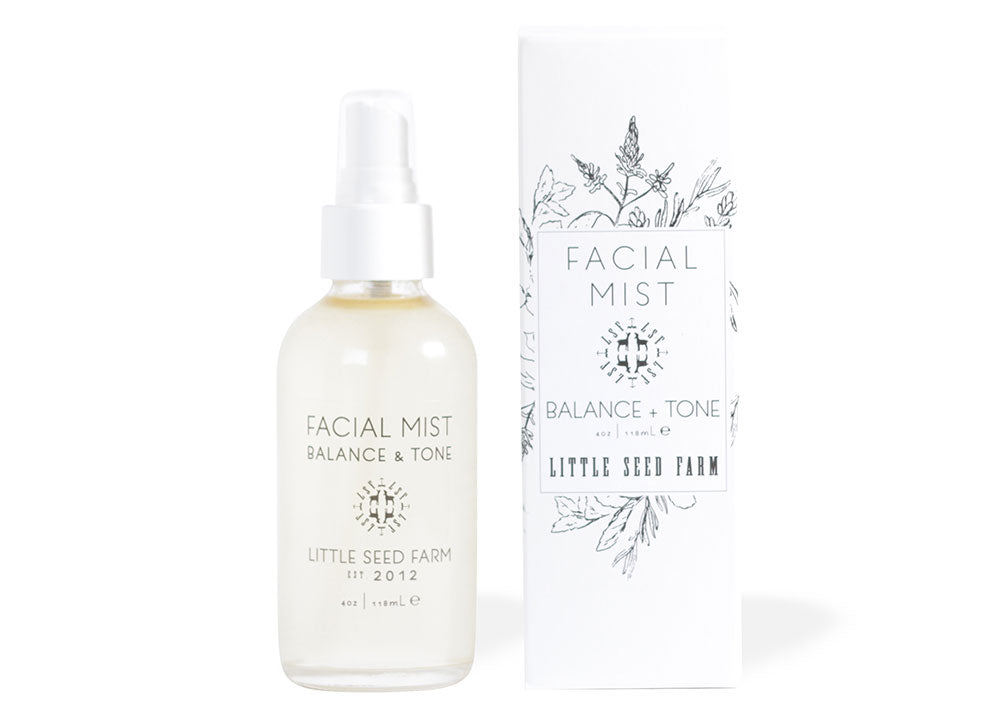 Little Seed Farm Toning Facial Mist with organic aloe and witch hazel, featuring calming blue German chamomile and marshmallow root extract to soothe, balance pH, and refine pores for all skin types.