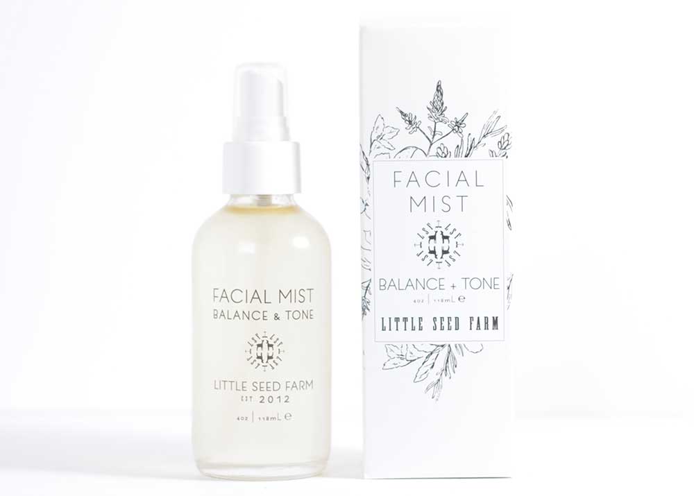 Little Seed Farm Toning Facial Mist with organic aloe and witch hazel, featuring calming blue German chamomile and marshmallow root extract to soothe, balance pH, and refine pores for all skin types.