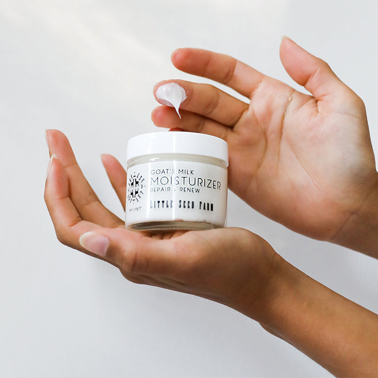 Little Seed Farm Goat’s Milk Moisturizer, an organic lightweight daily facial cream formulated with grass‑fed goat’s milk, argan oil, aloe leaf juice, and perilla seed oil for soothing hydration, gentle resurfacing, and a silky matte finish