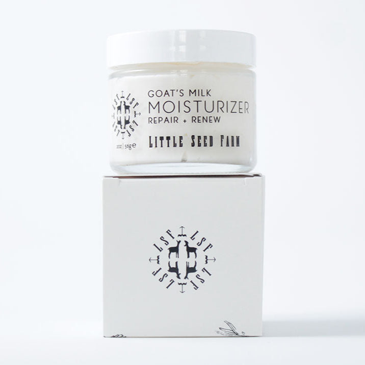 Little Seed Farm Goat’s Milk Moisturizer, an organic lightweight daily facial cream formulated with grass‑fed goat’s milk, argan oil, aloe leaf juice, and perilla seed oil for soothing hydration, gentle resurfacing, and a silky matte finish