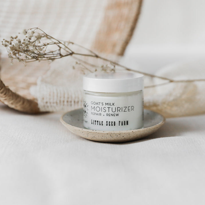 Little Seed Farm Goat’s Milk Moisturizer, an organic lightweight daily facial cream formulated with grass‑fed goat’s milk, argan oil, aloe leaf juice, and perilla seed oil for soothing hydration, gentle resurfacing, and a silky matte finish
