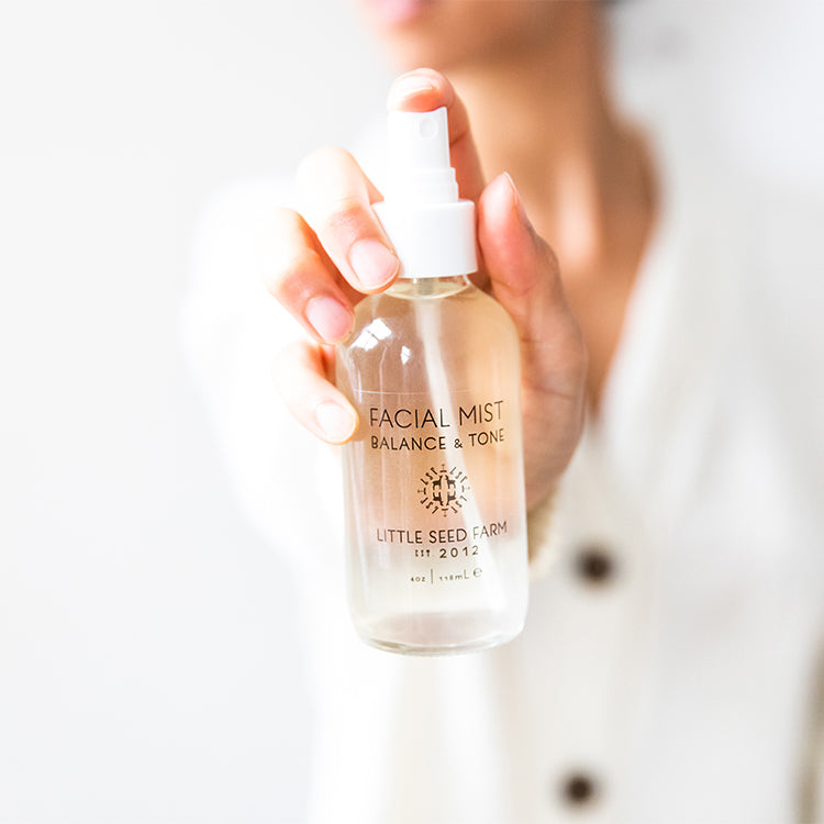 Little Seed Farm Toning Facial Mist with organic aloe and witch hazel, featuring calming blue German chamomile and marshmallow root extract to soothe, balance pH, and refine pores for all skin types.