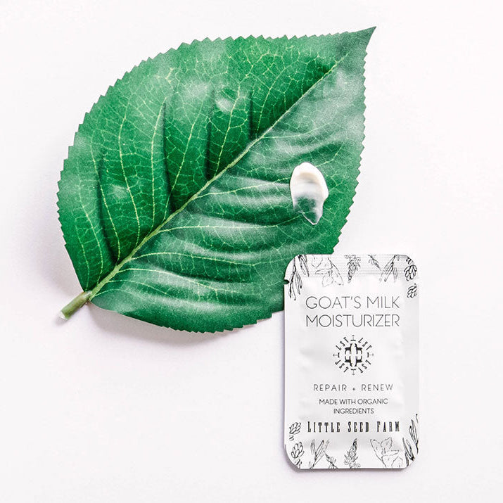 Free sample of Little Seed Farm’s Goat Milk Moisturizer, a gentle, non-comedogenic face cream made with organic goat's milk, aloe, and perilla oil to soothe, hydrate, and support sensitive or acne-prone skin.