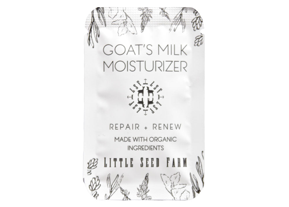 Free sample of Little Seed Farm Goat’s Milk Moisturizer, a lightweight 0.2 oz organic cream formulated with grass‑fed goat’s milk, argan oil, aloe juice, and perilla seed oil to hydrate, calm redness, gently resurface, and leave a silky matte finish