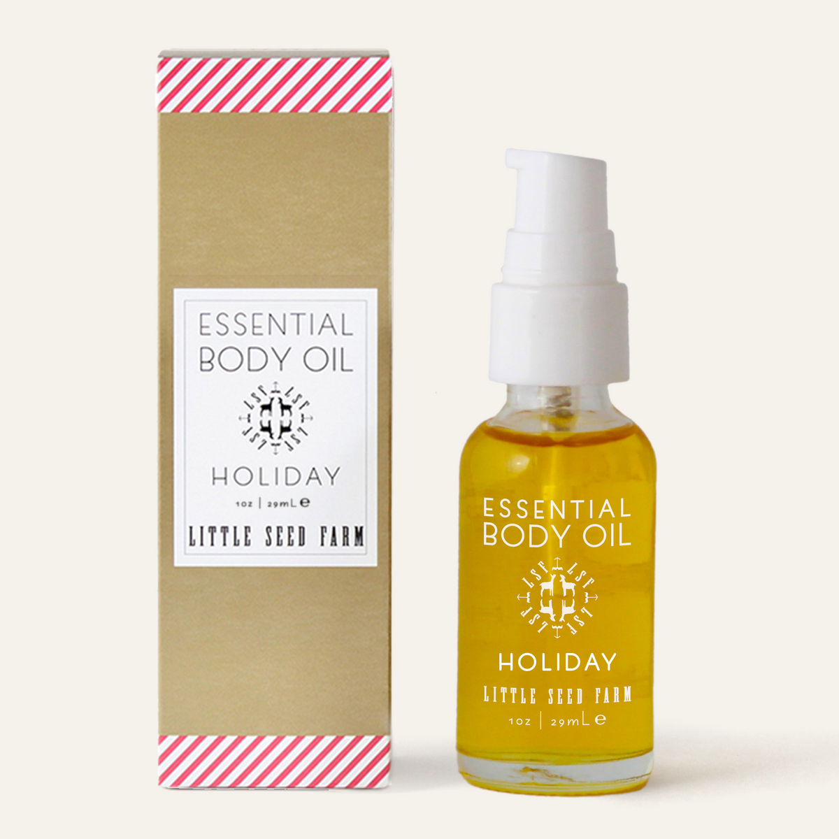 Holiday Body Oil from Little Seed Farm: a light, non-greasy, daily moisturizing oil scented with festive peppermint and vanilla, made with hazelnut oil and hemp seed oil for antioxidant-rich skin nourishment.