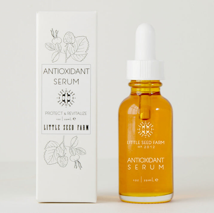 Little Seed Farm Antioxidant Serum, a lightweight, non‑greasy facial oil infused with Coenzyme Q10, rosehip, sea buckthorn, raspberry seed, calendula, and vitamin E to protect skin from pollution, blue light, and aging while boosting hydration and tone.